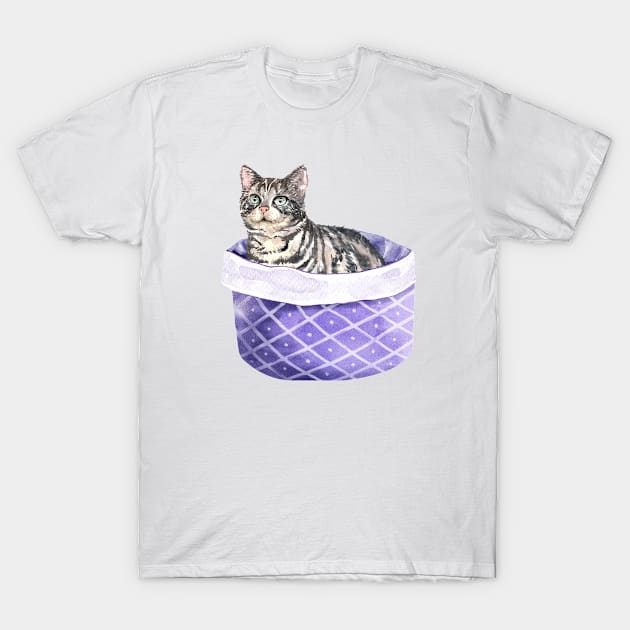 Funny Watercolor American Shorthair Cat Sitting in His Bed T-Shirt by labatchino